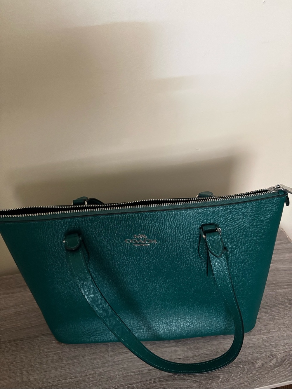Coach Metallic Green Leather Zip Tote